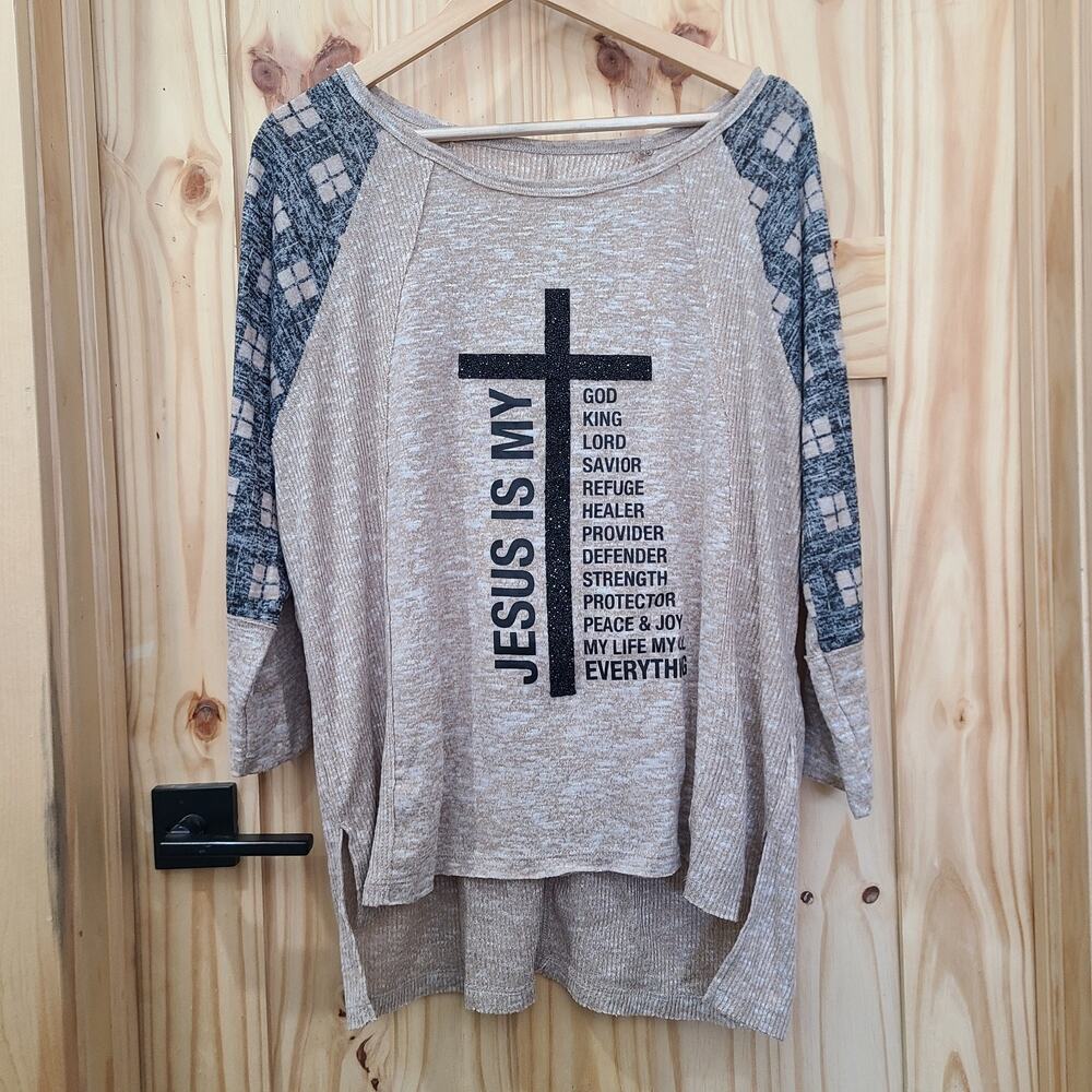 NWT Cato Jesus Cross Bling Oatmeal Blue Plaid Top Christian Religious Size L